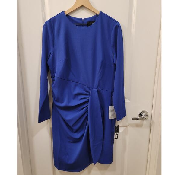Donna Morgan Blue Long Sleeve Side Drape Dress - Picture 2 of 7